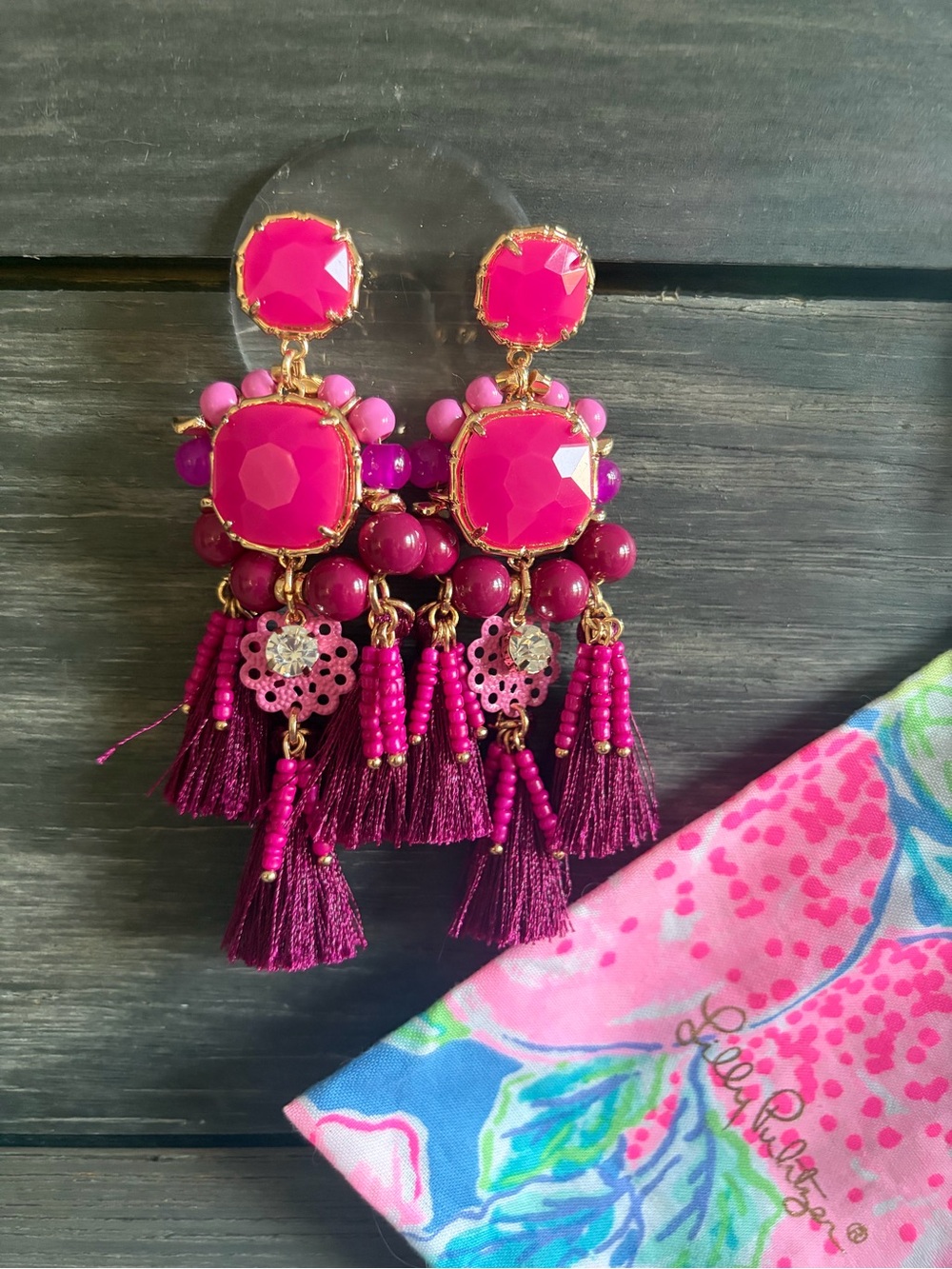 Lilly Pulitzer Fuchsia and Magenta Tassel Statement Earrings